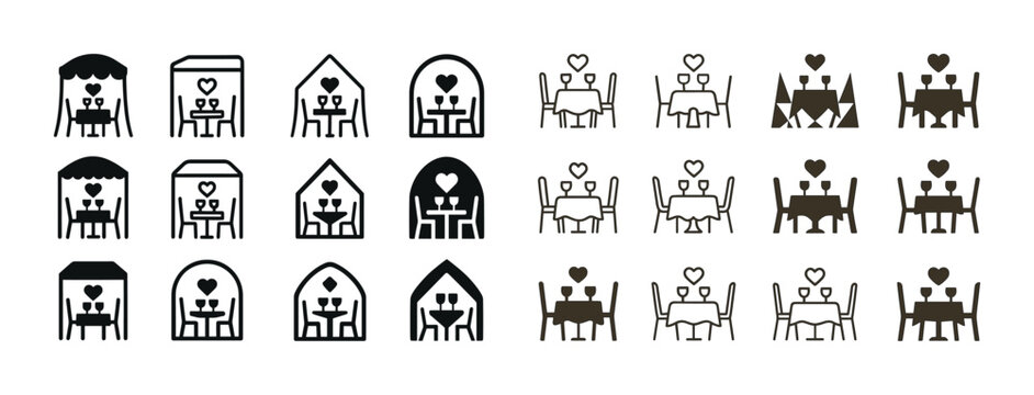 Romantic dinner icon set featuring various outline styles of tab