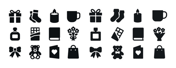 Set of gift, candle, and toy icons in black and white