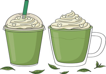 Matcha green tea beverage illustration set featuring iced and hot drinks with whipped cream toppings and fresh tea leaves