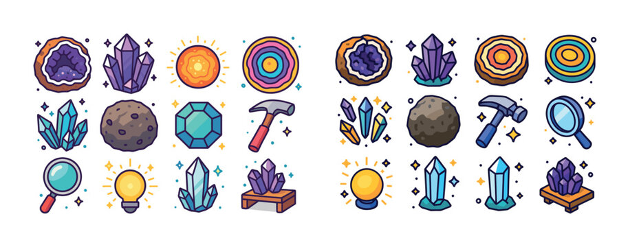 Colorful crystal and gemstone collection with geodes and tools