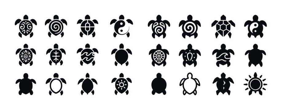 Abstract turtle icon set featuring various tribal and geometric