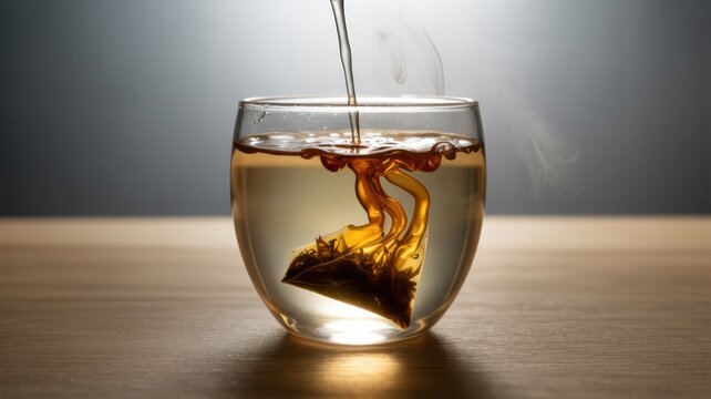 Pouring hot water into a clear glass cup with a tea bag causing amber swirls of diffusion and steam on a wooden table - Powered by Adobe