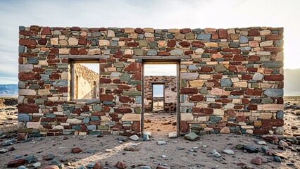 Remains of an old stone house in a desert landscape against bright sky and mountains