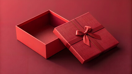 All red gift box open or top view of red present box with red ribbon bow isolated on dark red background with shadow minimal conceptuals for christmas and valentines day 3D rendering