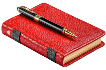 A Luxurious Red Leather Notebook Accompanied by a Gold-Trimmed Pen Perfect for Notetaking, Journaling, and Creative Writing, png, isolated on transparent background	
