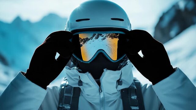 A mountaineer in helmet and goggles reflecting snowy peaks standing in alpine landscape, symbolizing adventure, sport, winter lifestyle, freedom, travel, resilience, strength, and extreme conditions.