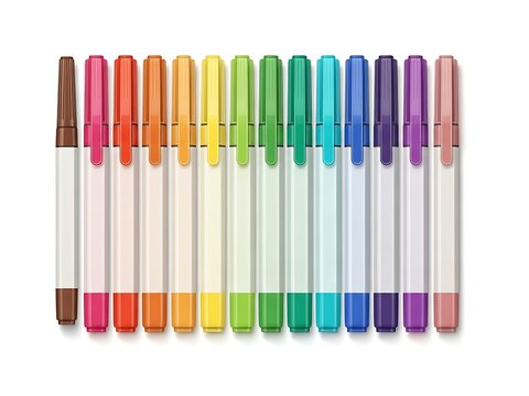 Colorful markers lined up in rainbow order on white background pens supplies - Powered by Adobe
