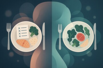 Distinct culinary choices represented through two contrasting plates of food featuring salmon and greens symbolizing diverse dietary preferences and the balance of health and indulgence
