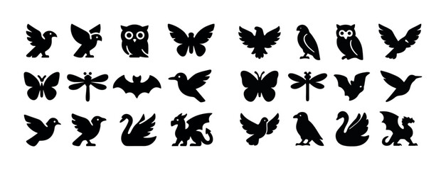 Obraz premium Silhouette icons of various birds and insects in black