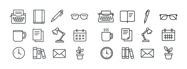 Office supplies and stationery icons: typewriters, mugs, clocks,