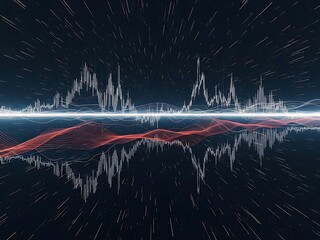 Digital waveform with red lines and white signals on dark background with streaks