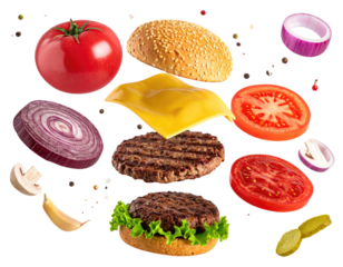 Exploded view of a burger with ingredients floating against a black backdrop