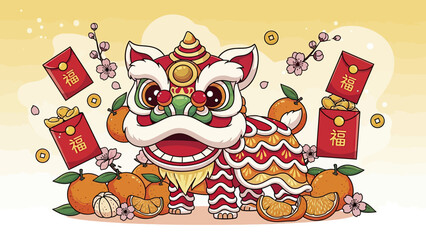A vibrant illustration of a cute lion dance with red envelopes, mandarin oranges, and gold coins, celebrating Chinese New Year.