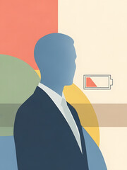 Man in a suit with a low battery indicator, symbolizing mental burnout