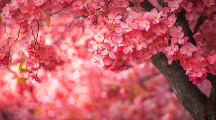 A beautiful cherry blossom tree is in full bloom, with vibrant pink flowers cascading down its branches and creating a dreamy, pink-toned background.