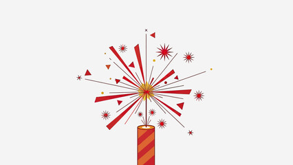 A vibrant illustration of a firecracker exploding with red and orange sparks and geometric shapes against a white background.