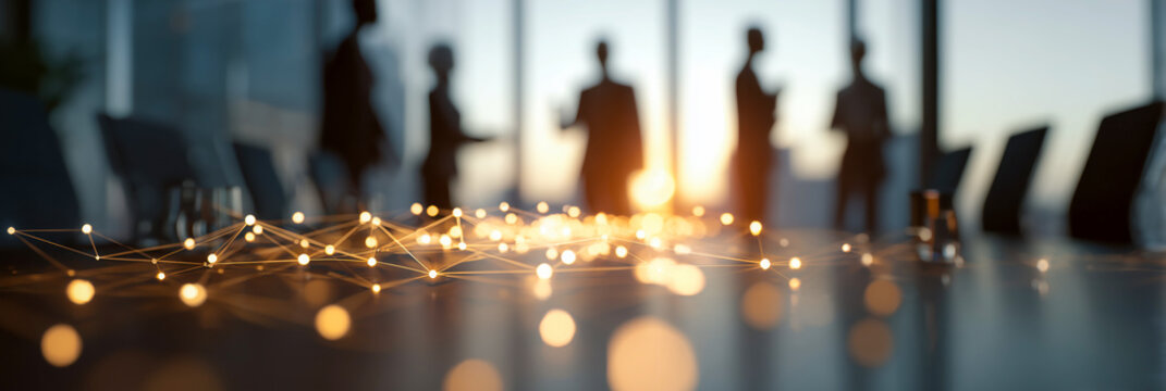 Executive Teamwork Silhouette in Modern Corporate Boardroom with Golden Network Nodes for Digital Transformation and Strategic Innovation
