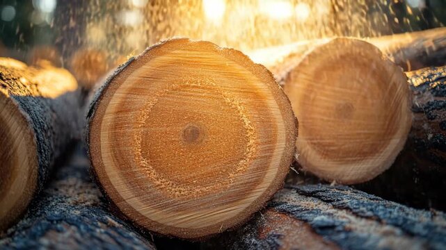 Freshly cut logs with visible wooden rings lying in a row in warm sunlight, symbolizing forestry, wood industry, natural resources, lumberjack work, carpentry, and sustainable use of timber materials.