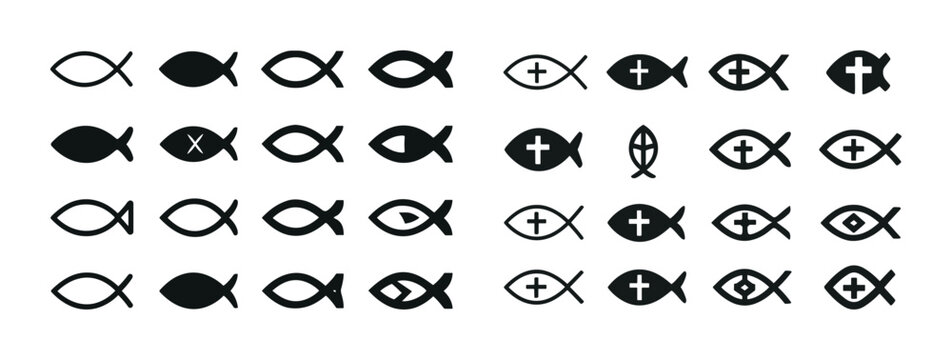 Variety of ichthys symbols and christian fish emblems in black i