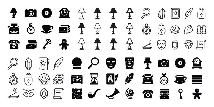 Collection of vintage icons: clocks, cameras, lamps, keys, and m