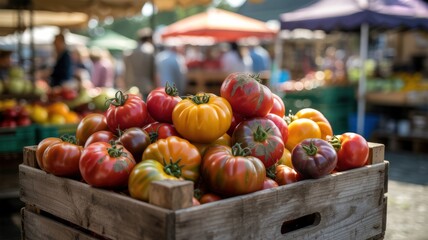 Fresh colorful organic heirloom tomatoes in a wooden crate at an outdoor farmers market on a sunny day