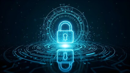 Digital padlock with glowing circuit board and binary code background