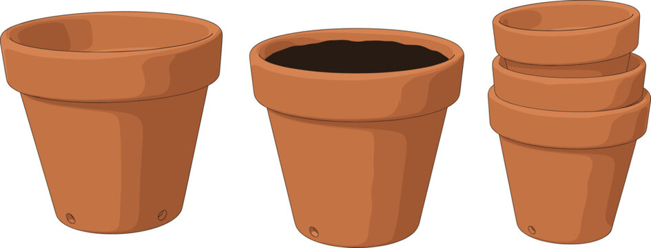 A realistic vector illustration set featuring three terracotta clay flowerpots, including one filled with soil and a stacked group, symbolizing gardening, planting, and horticultural concepts