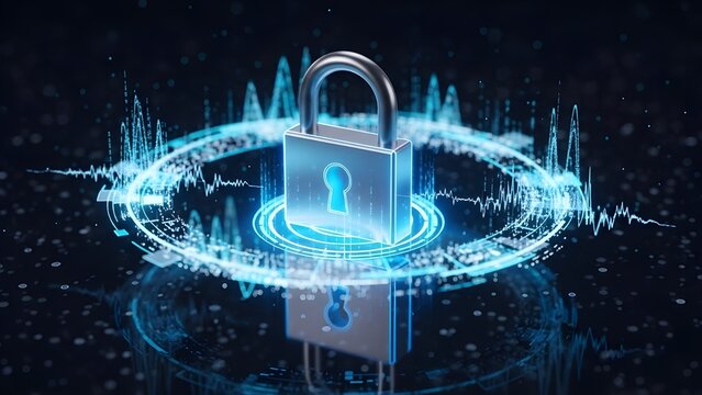 Digital security concept with glowing lock and binary code stream - Powered by Adobe