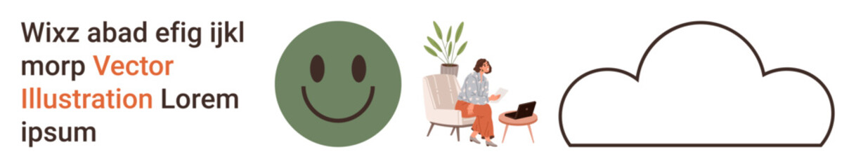 Emotions, positivity, work-life balance, remote work, happiness, creativity. happy face, seated woman with laptop and cloud design. Positivity and work-life balance concepts
