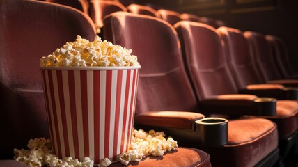 Large red and white striped bucket of popcorn sitting on a red velvet movie theater seat with spilled kernels and empty rows in the background
