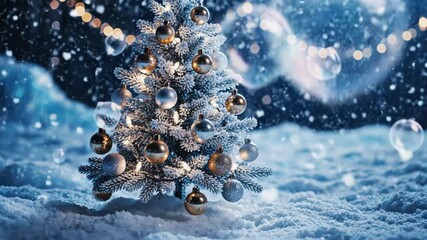Small decorated christmas tree with golden and silver baubles in winter snow scene