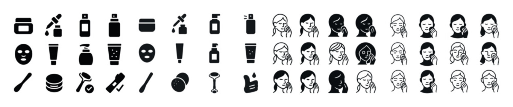 Skincare and beauty icons set: facial treatments, cosmetics, fem