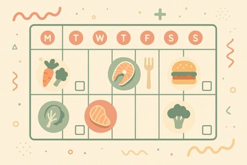 Weekly meal planner illustrating vegetables and proteins in a minimalist layout featuring a light color palette and geometric patterns symbolizing dietary organization and healthy eating