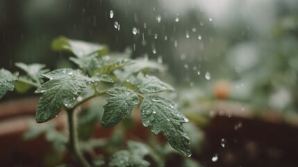 Fototapeta premium Close-up of a tomato plant with green leaves. the leaves are covered in water droplets, indicating that it is raining.