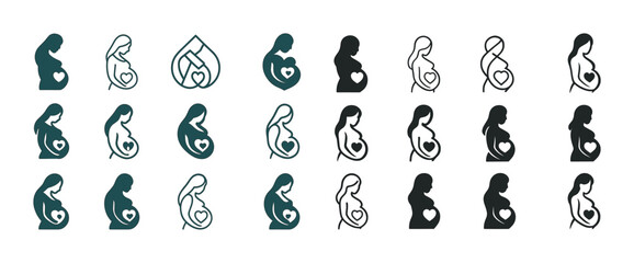 Set of diverse pregnant woman silhouettes with heart symbols