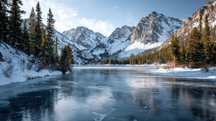 Frozen lake in a remote alpine valley with snow-covered mountains and pine shoreline at dawn