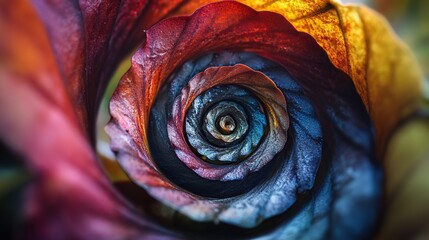 A macro photograph showcases a vibrant, spiraling rose petal, displaying a stunning array of colors including red, blue, orange, and yellow, with intricate details and a textured surface.