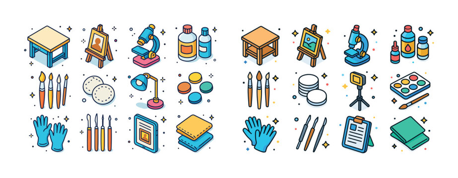 Colorful art and science supplies collection: brushes, microscop