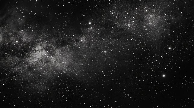 A stunning black and white image captures the vast expanse of the Milky Way galaxy, revealing a dense region of star formation and countless stars scattered across the dark void of space.