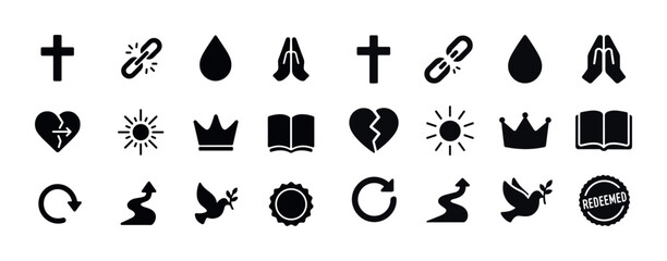 Set of religious and spiritual symbols including cross, dove, he