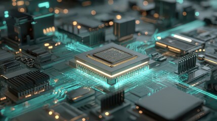 Futuristic central processing unit concept: glowing silicon core with circuit pathways and neon data flow
