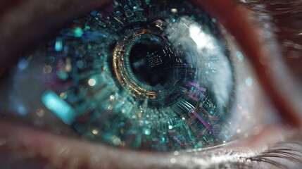 Futuristic eye concept: glowing circuitry forming a hyper-detailed retina