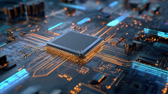 Futuristic CPU concept: silicon chip at the heart of blue copper circuit board