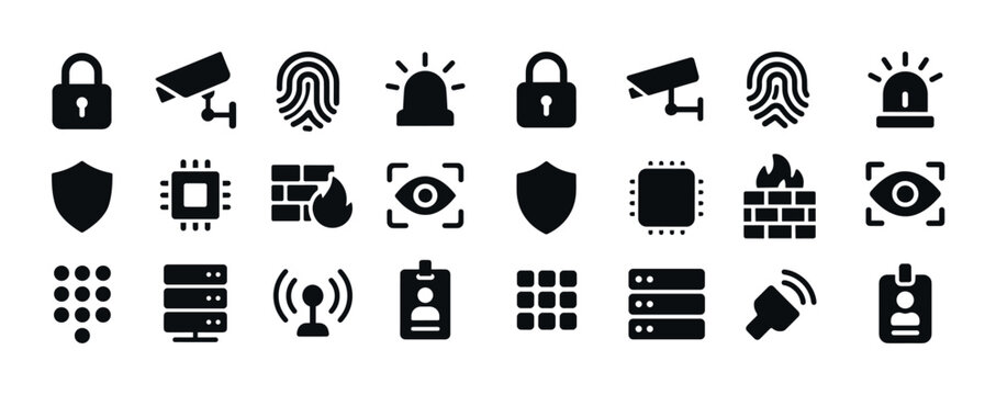 Security icons set: locks, cameras, fingerprints, shields, serve