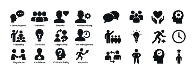 Icons representing leadership, creativity, communication, proble