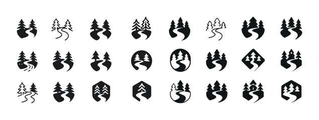 Obraz premium Variety of black tree and pathway icons in different geometric s