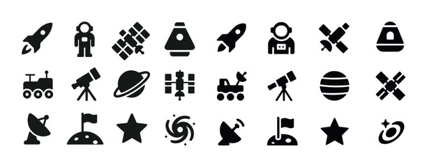 Naklejka premium Space exploration icons: rocket, astronaut, satellite, telescope
