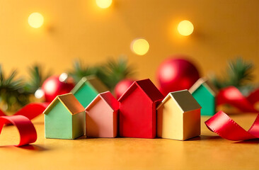 Colorful miniature houses, surrounded by festive decorations and red ribbons, create a cheerful holiday atmosphere with glowing lights in the orange background. Housing and private sector development