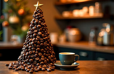 Christmas tree made of brown coffee beans and a cup of espresso coffee on a bakery cafe interior background. New year's and Christmas cozy, warm greeting card with copy space.