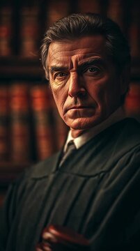 A close-up portrait of a judge in black robes, holding a gavel with a focused gaze